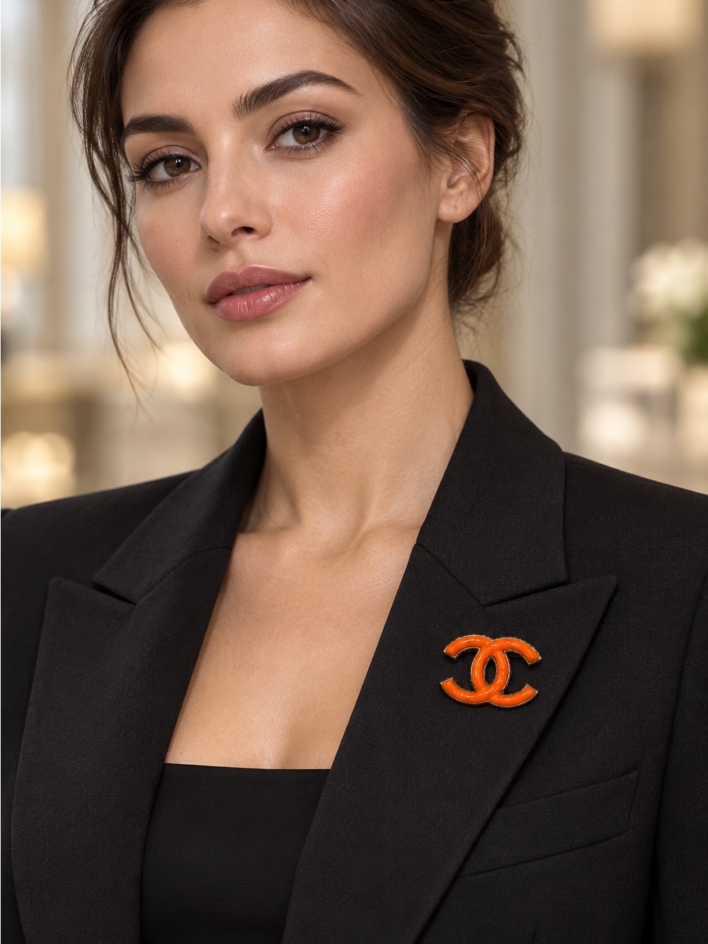 CHANEL Orange Enamel CC Logo Brooch